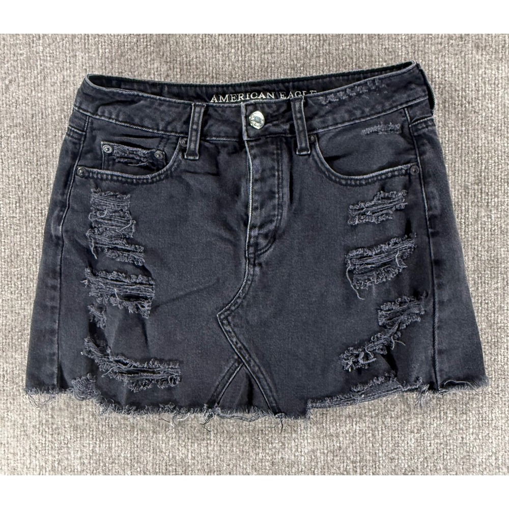 American Eagle Black‎ Distressed Denim Mini Skirt Button Fly Raw Hem 2 Short